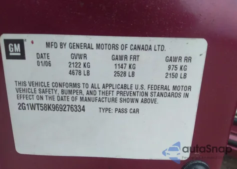 2006 Chevrolet Impala Lt from USA, damaged, VIN 2G1WT58K969276334